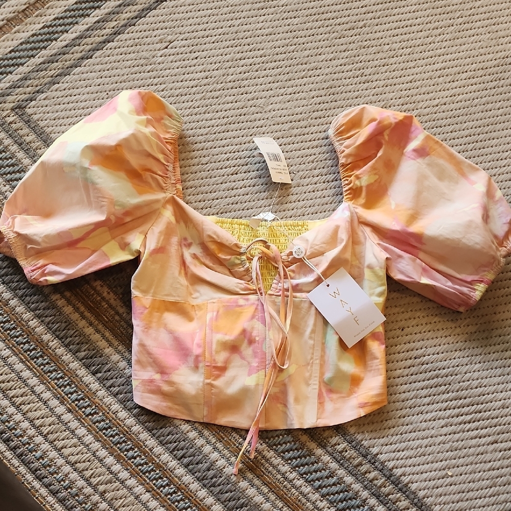 Wayf Orange and Pink Puff Sleeve Crop Blouse